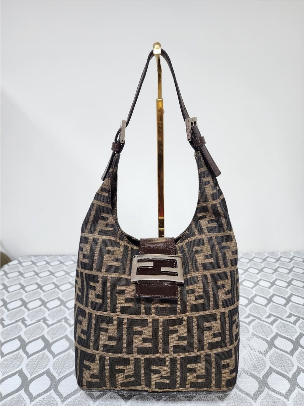 Fendi Zucchino FF Top Shoulder Bag Brown